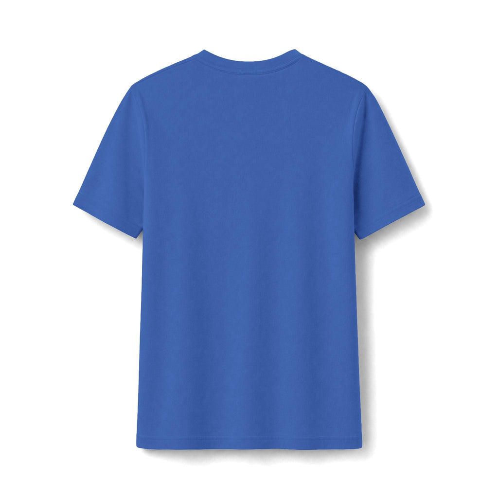 PURETE blue fitted women's graphic t-shirt, back view, made from soft cotton-poly blend fabric.