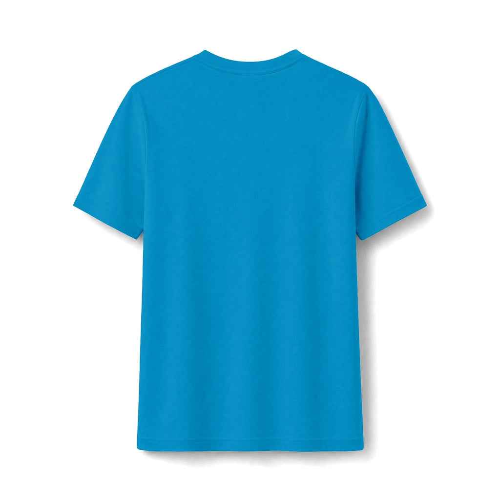 PURETE bright blue fitted women's graphic t-shirt, back view, showing soft cotton-poly blend fabric.
