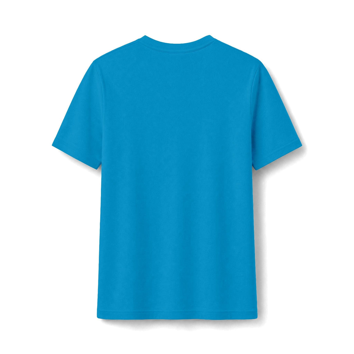 PURETE bright blue fitted women's graphic t-shirt, back view, showing soft cotton-poly blend fabric.