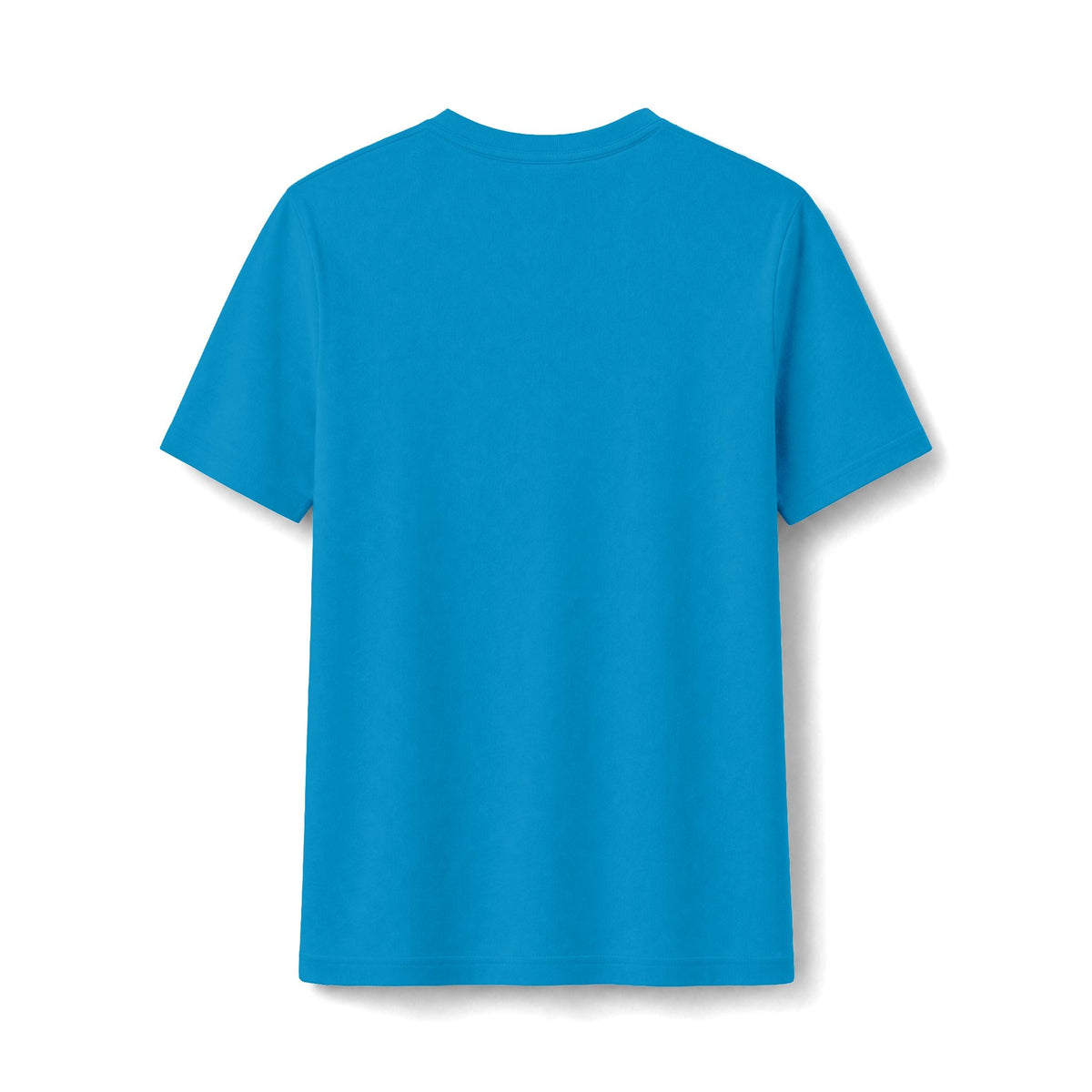 PURETE blue short-sleeve crew neck t-shirt, back view of a fitted cotton-poly blend tee