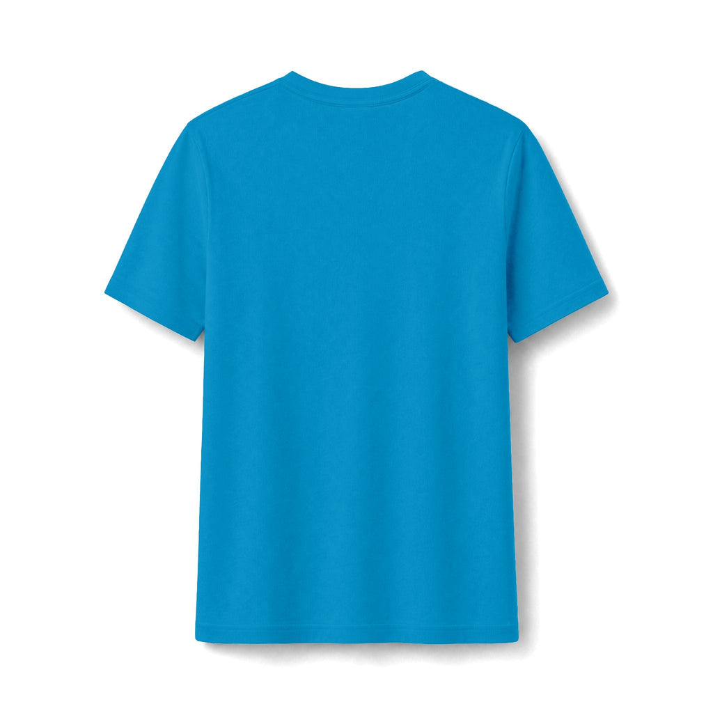 PURETE bright blue women's fitted graphic t-shirt, back view, showing soft cotton-poly blend fabric.