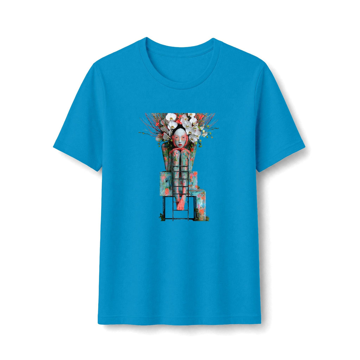 PURETE blue women's graphic t-shirt featuring a floral robot art print on the chest, made from soft cotton-poly blend.
