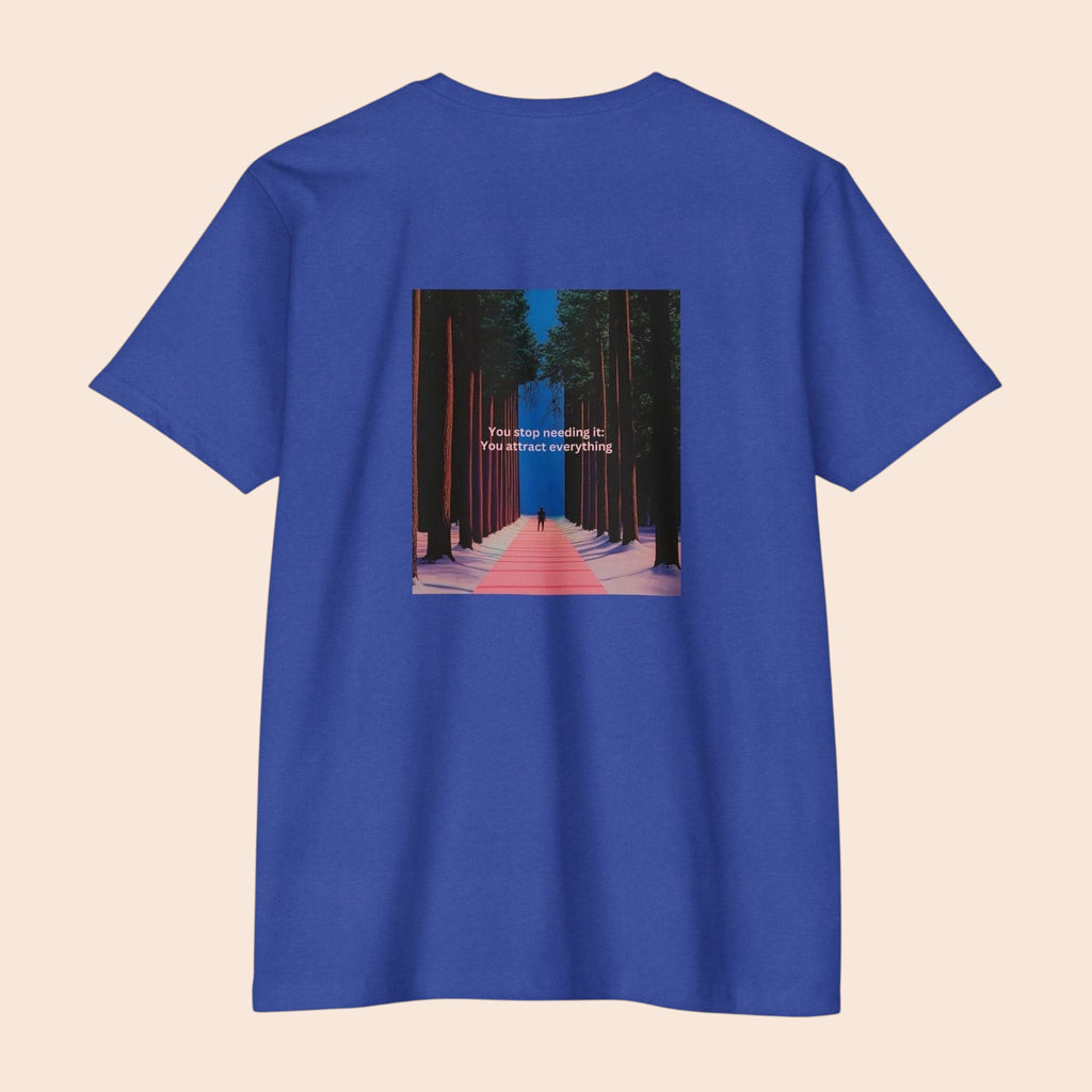 PURETE blue cotton t-shirt featuring a back graphic of a forest pathway with motivational text.