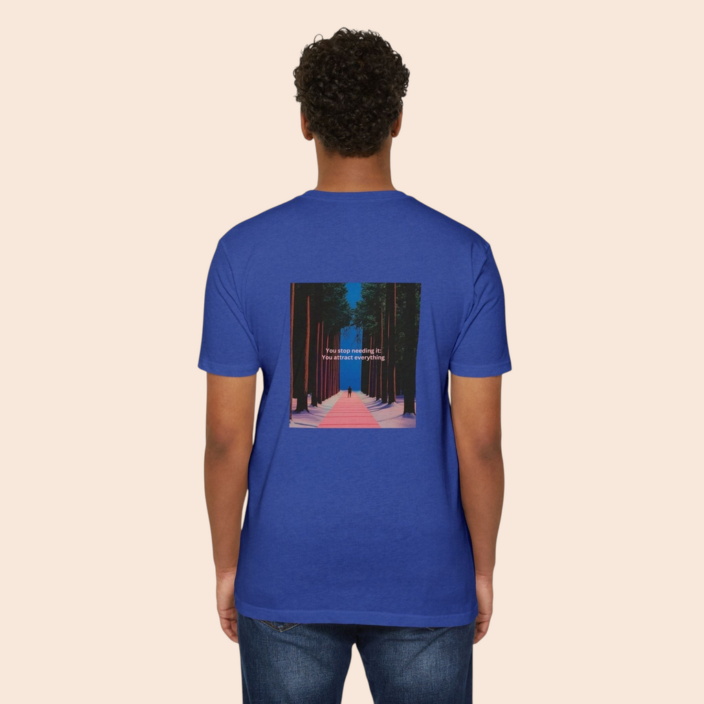 PURETE blue cotton blend t-shirt featuring a back graphic of a forest pathway and motivational quote
