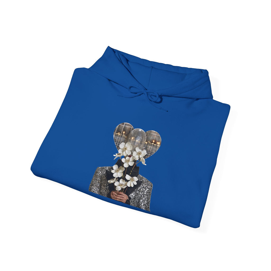 PURETE royal blue cotton-blend hoodie folded with a graphic print of a person holding white flowers and balloons