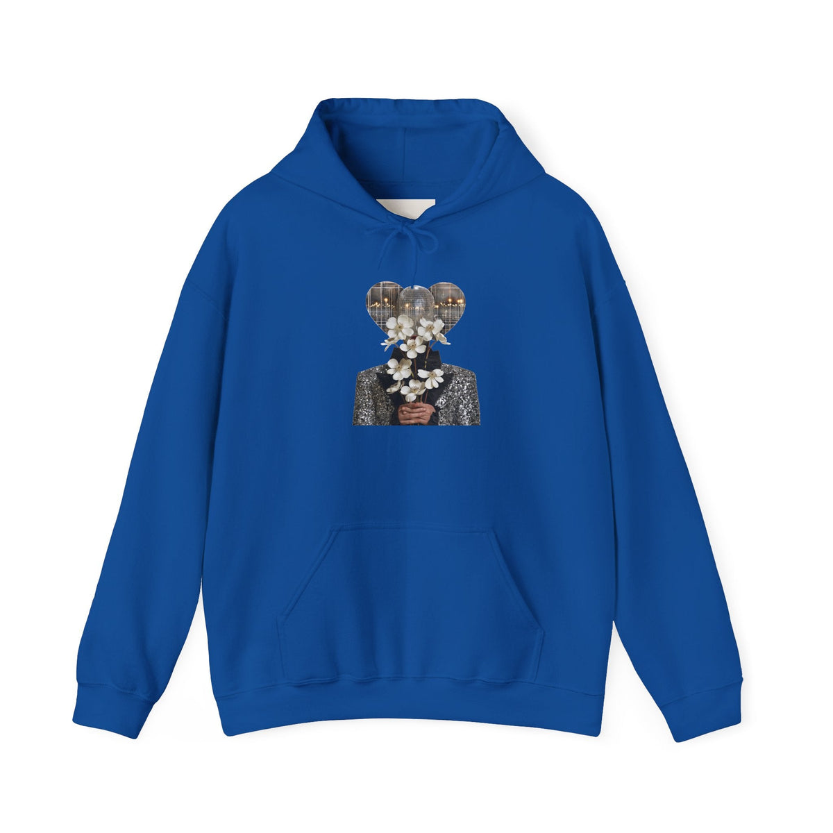 PURETE blue cotton-blend hoodie featuring a surreal graphic print of a person holding white flowers on the chest.