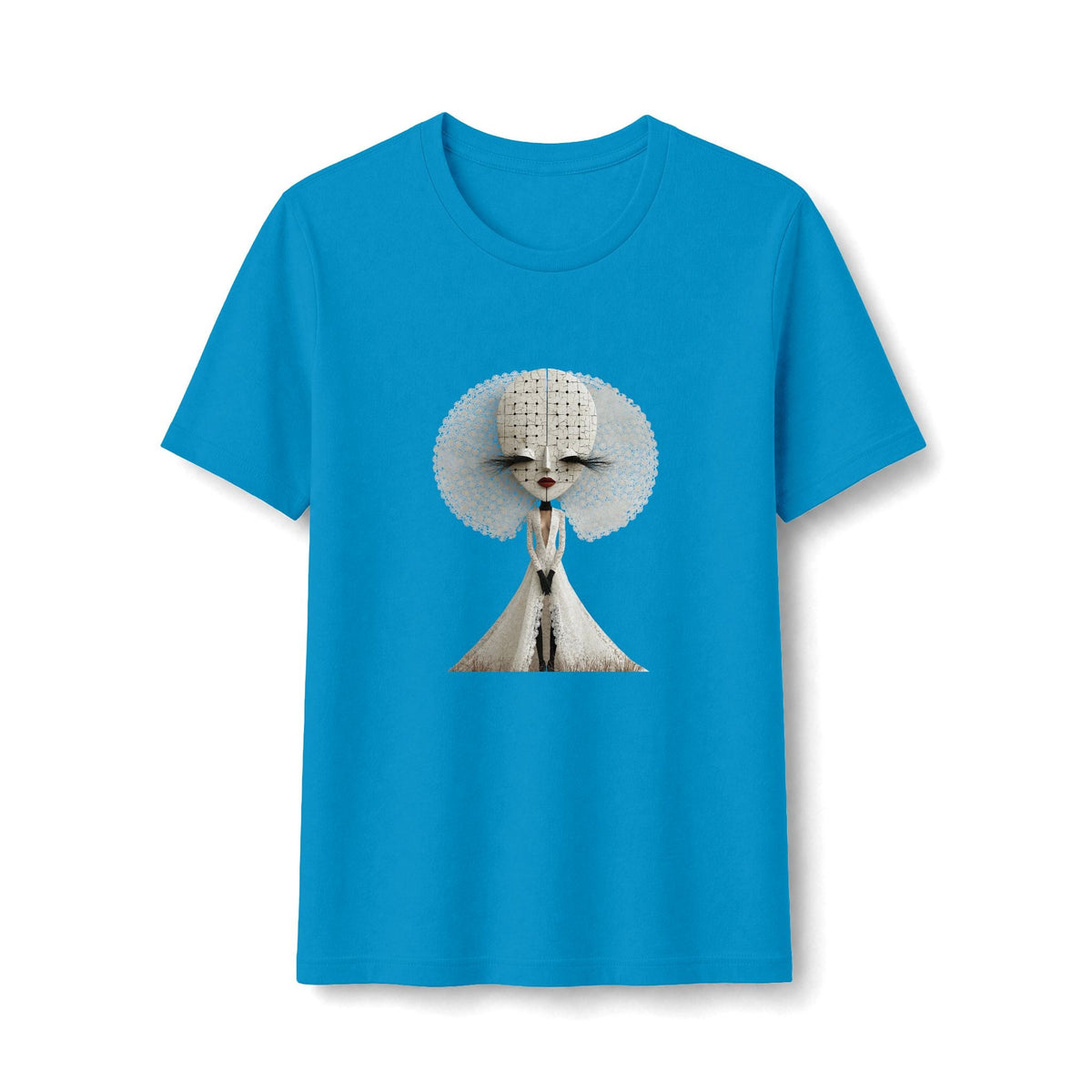 PURETE blue fitted t-shirt featuring a stylized white graphic of a woman with a sculptural halo design.