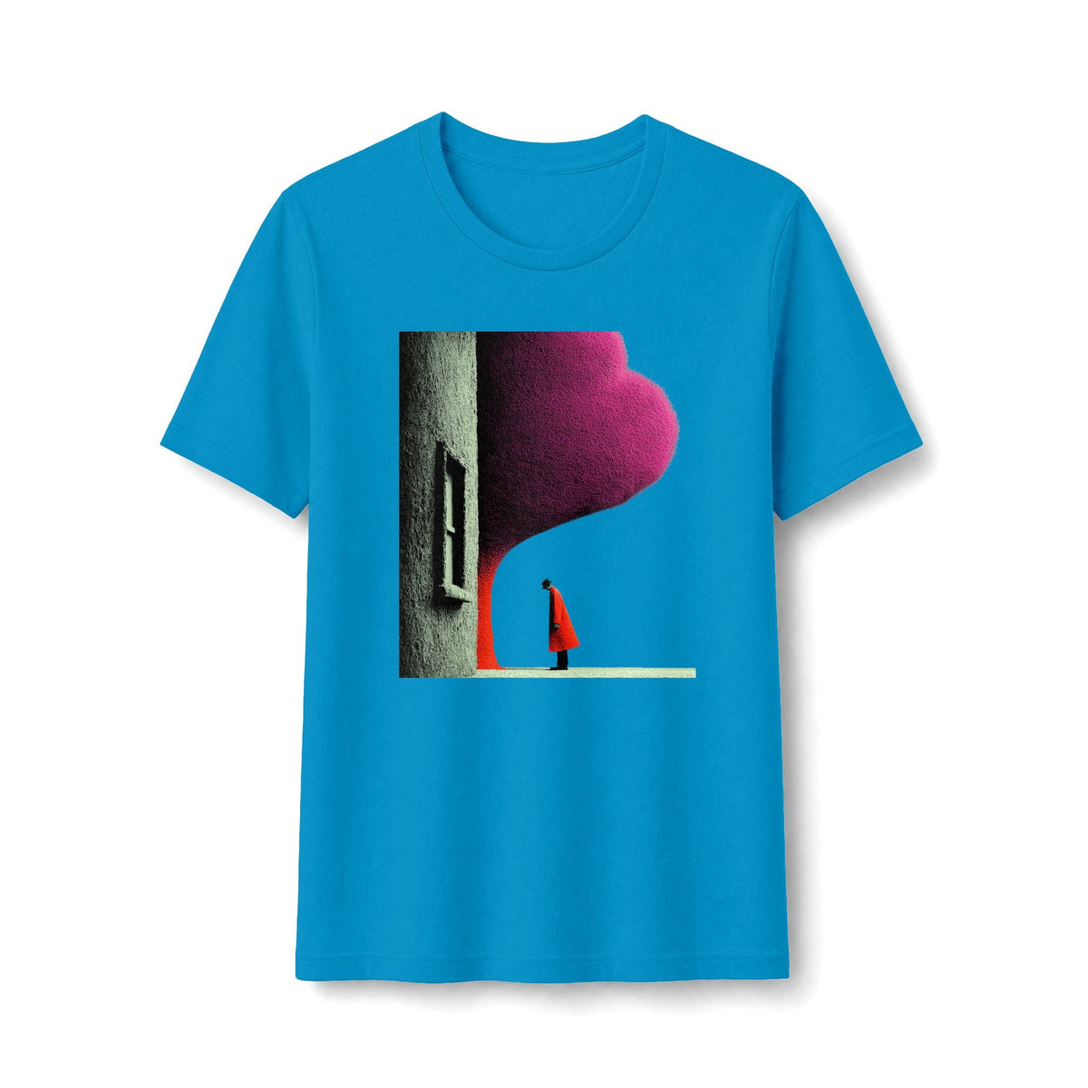 PURETE blue graphic tee featuring a lone figure in a red cloak standing by an arched doorway under a magenta sky