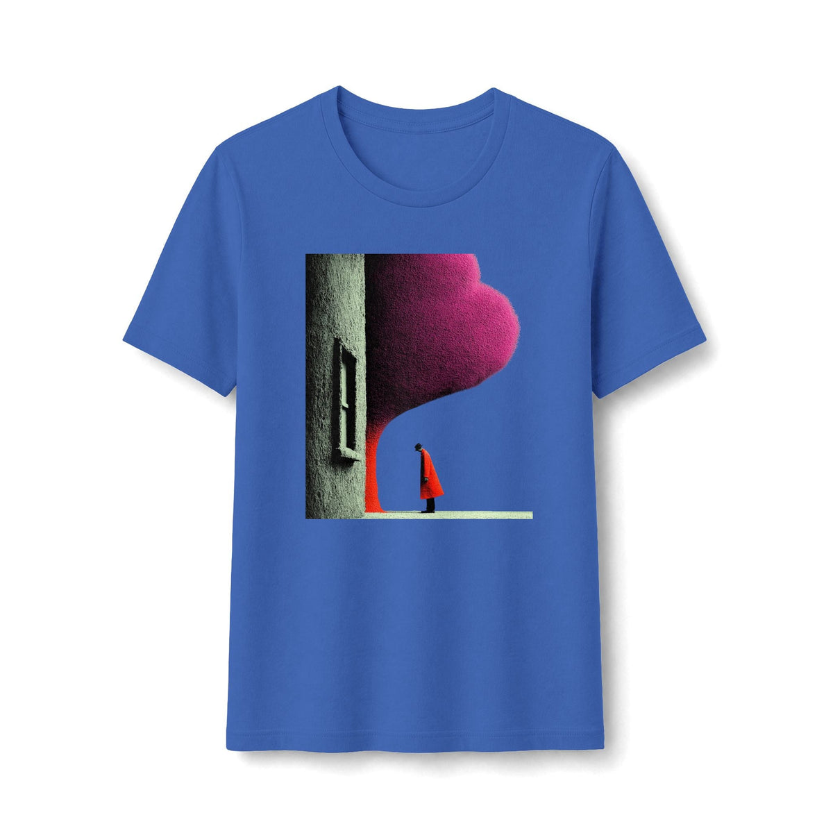 PURETE blue graphic tee featuring a minimalist illustration of a figure in a red cloak by an arched doorway.