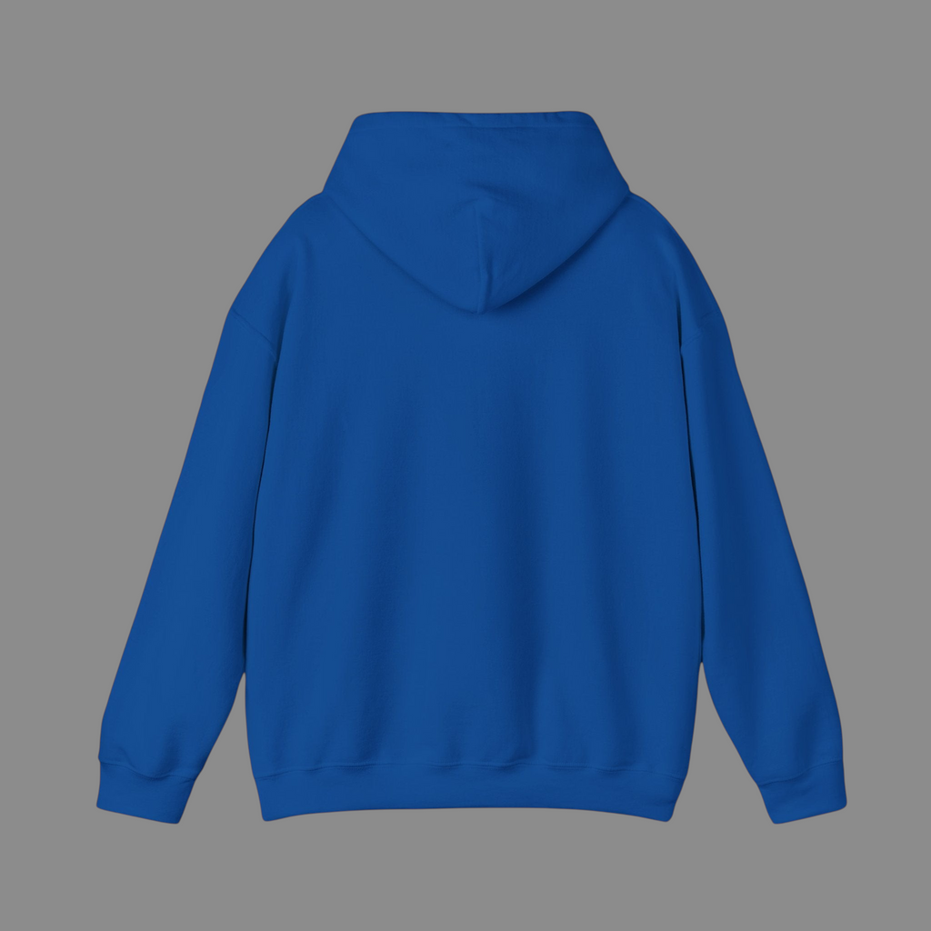 Back view of a PURETE unisex royal blue heavy blend hooded sweatshirt with a double-lined hood and ribbed hem.
