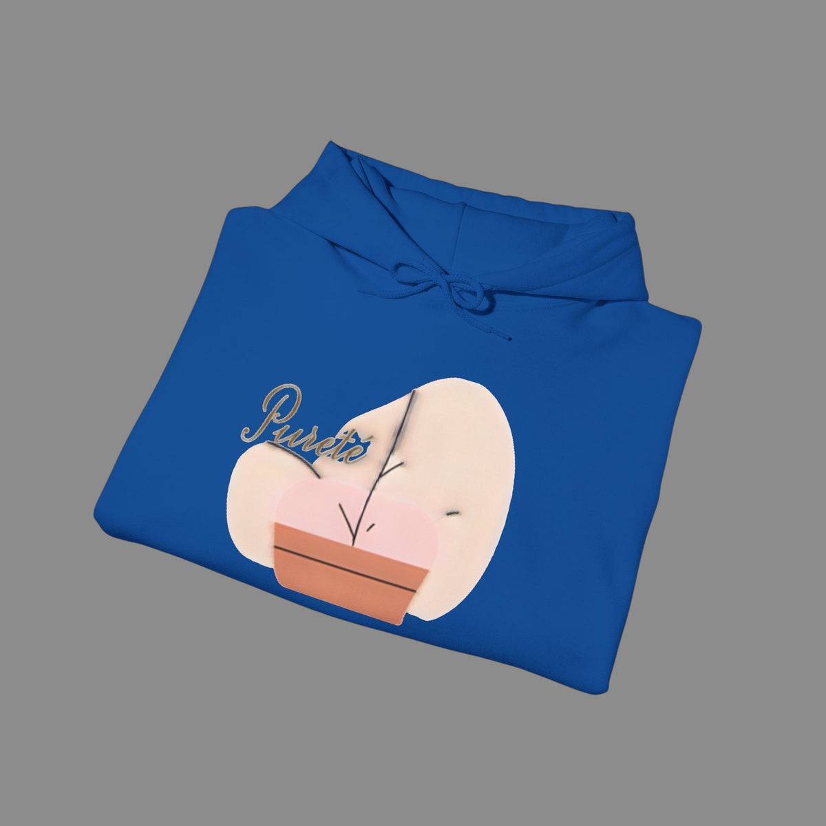 PURETE royal blue unisex hooded sweatshirt with a central graphic print of a potted plant and script logo