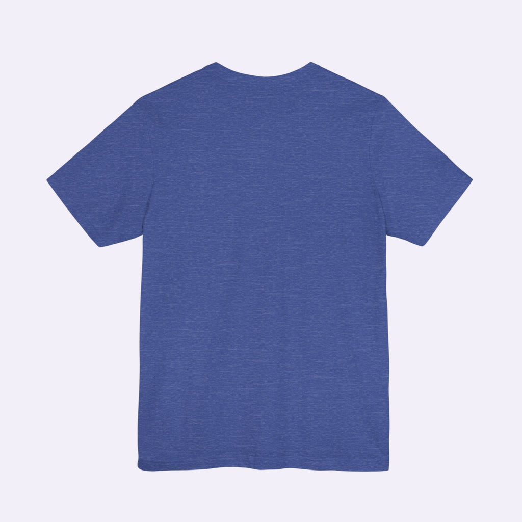 Back view of a PURETE unisex blue jersey short sleeve t-shirt made from soft cotton with a classic crew neck fit.