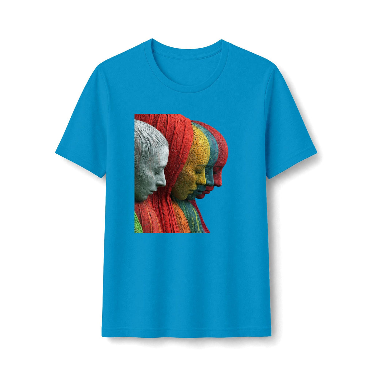 PURETE blue fitted t-shirt featuring a vibrant graphic of layered, colorful sculptural faces in profile.
