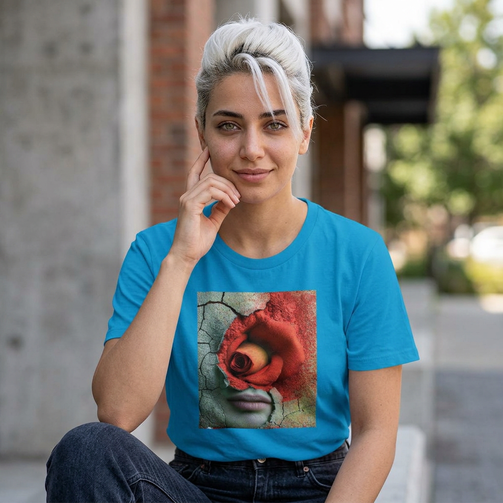 A woman wearing a PURETE blue graphic t-shirt featuring a surreal red rose and cracked face design, outdoors.