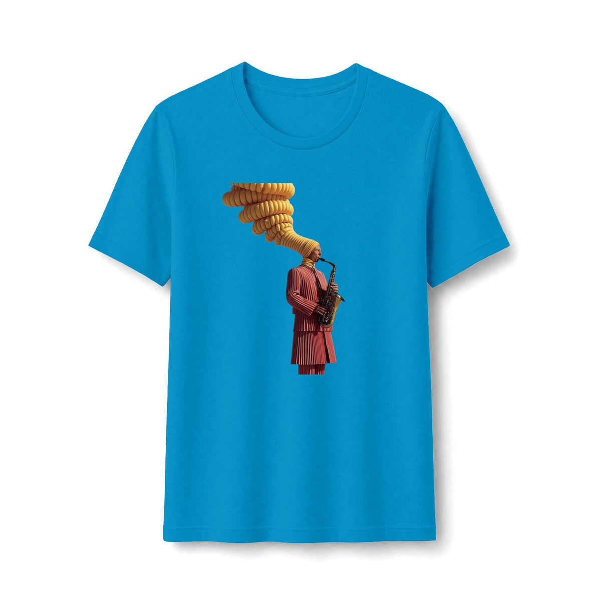 PURETE blue women's tee featuring a vintage graphic of a saxophonist in a red suit with golden musical notes