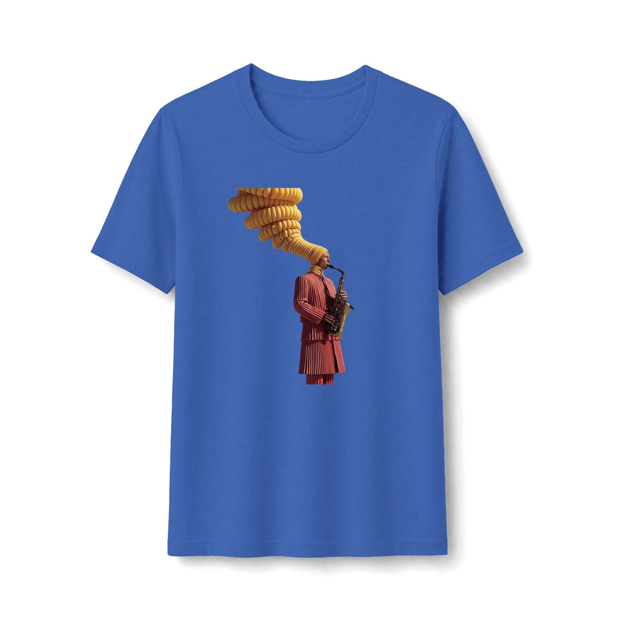 PURETE blue slim-fit tee featuring a vintage graphic of a saxophonist in a red suit with golden musical notes.