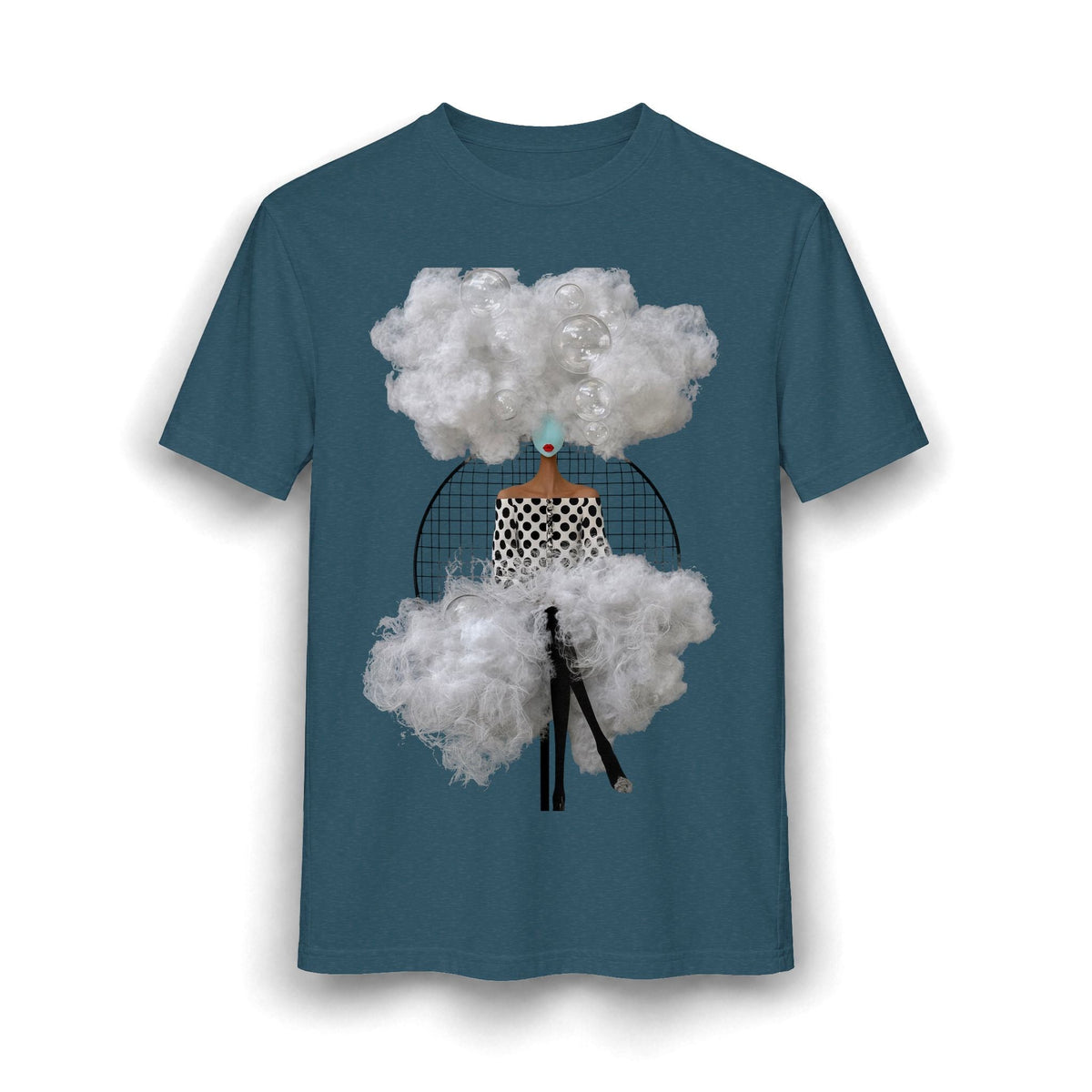 PURETE surreal graphic t-shirt in dark blue featuring an abstract woman collage with cloud textures and bubbles.