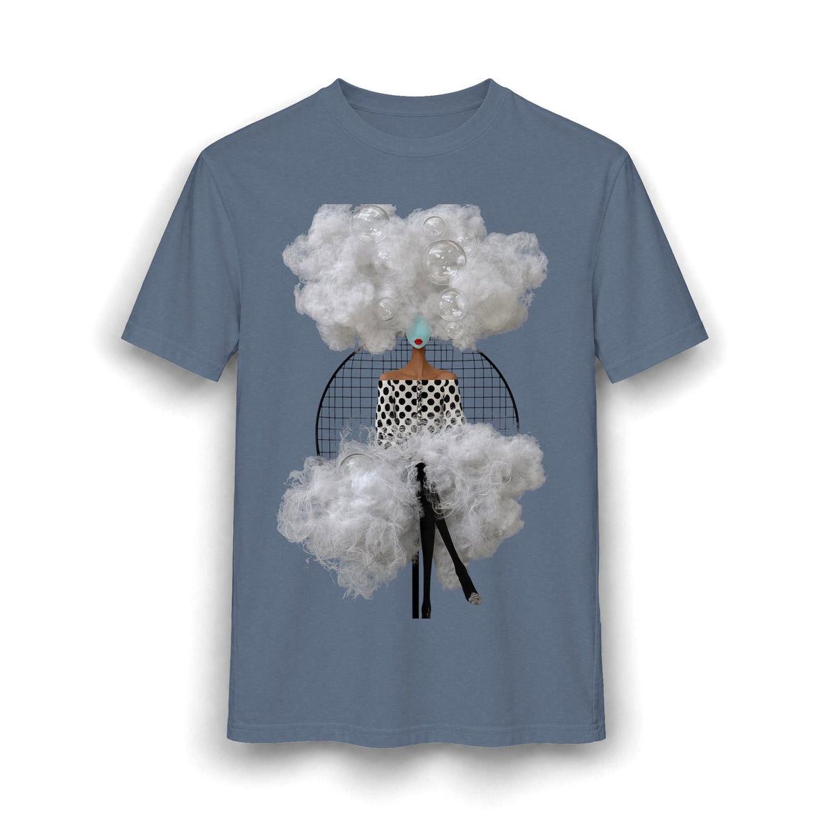 PURETE blue cotton blend t-shirt featuring a surreal graphic of a woman surrounded by clouds and floating bubbles.