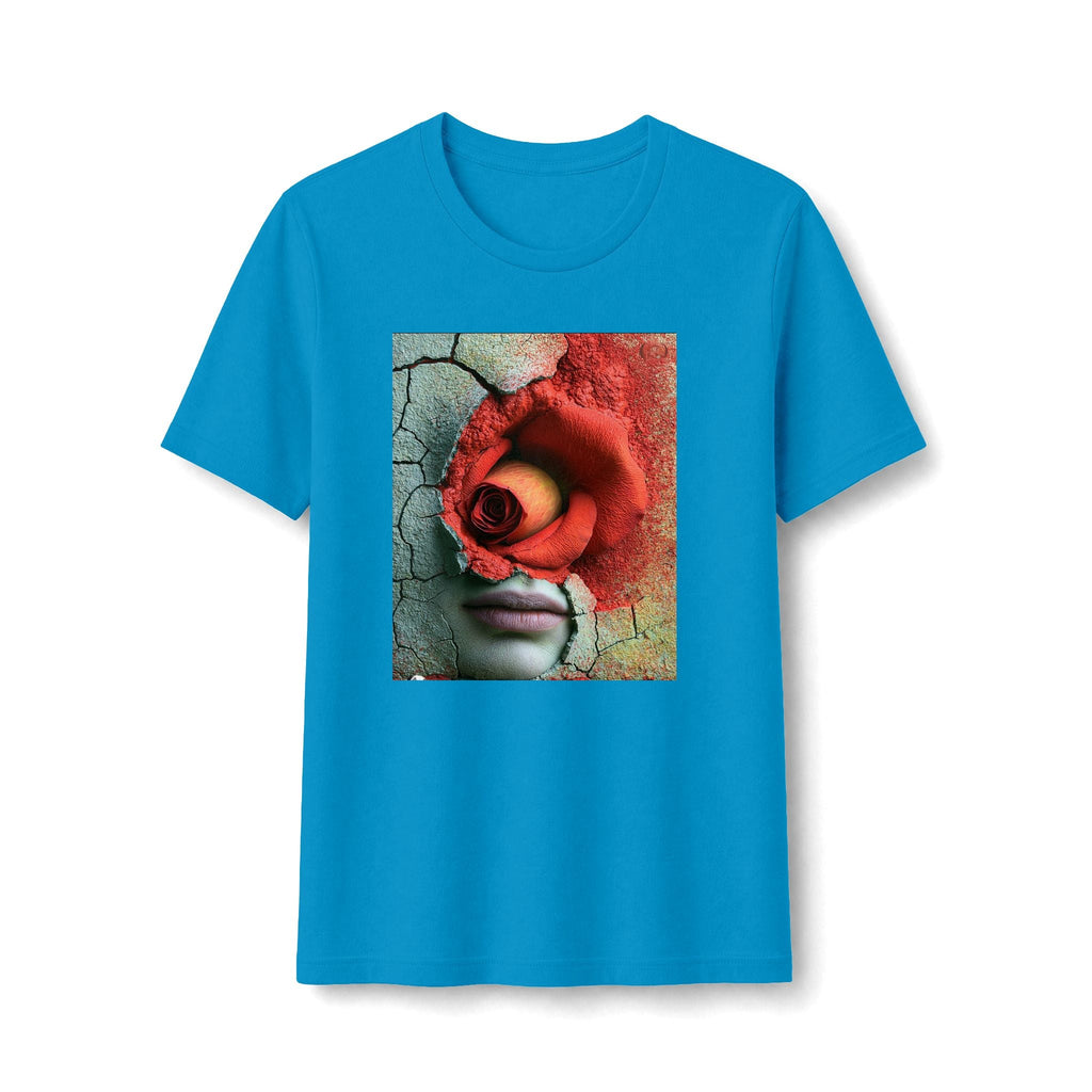 PURETE blue graphic t-shirt featuring a surreal artistic print of a face emerging from a cracked wall with a red rose.