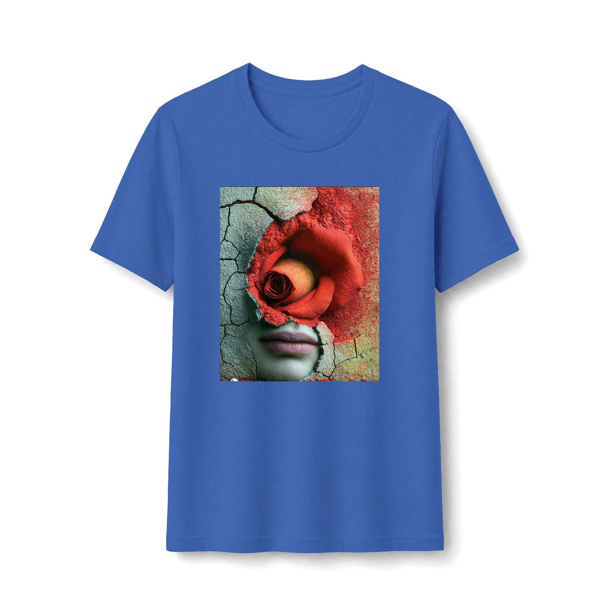 PURETE blue graphic t-shirt featuring a surreal artistic print of a face with a red rose and cracked wall texture.
