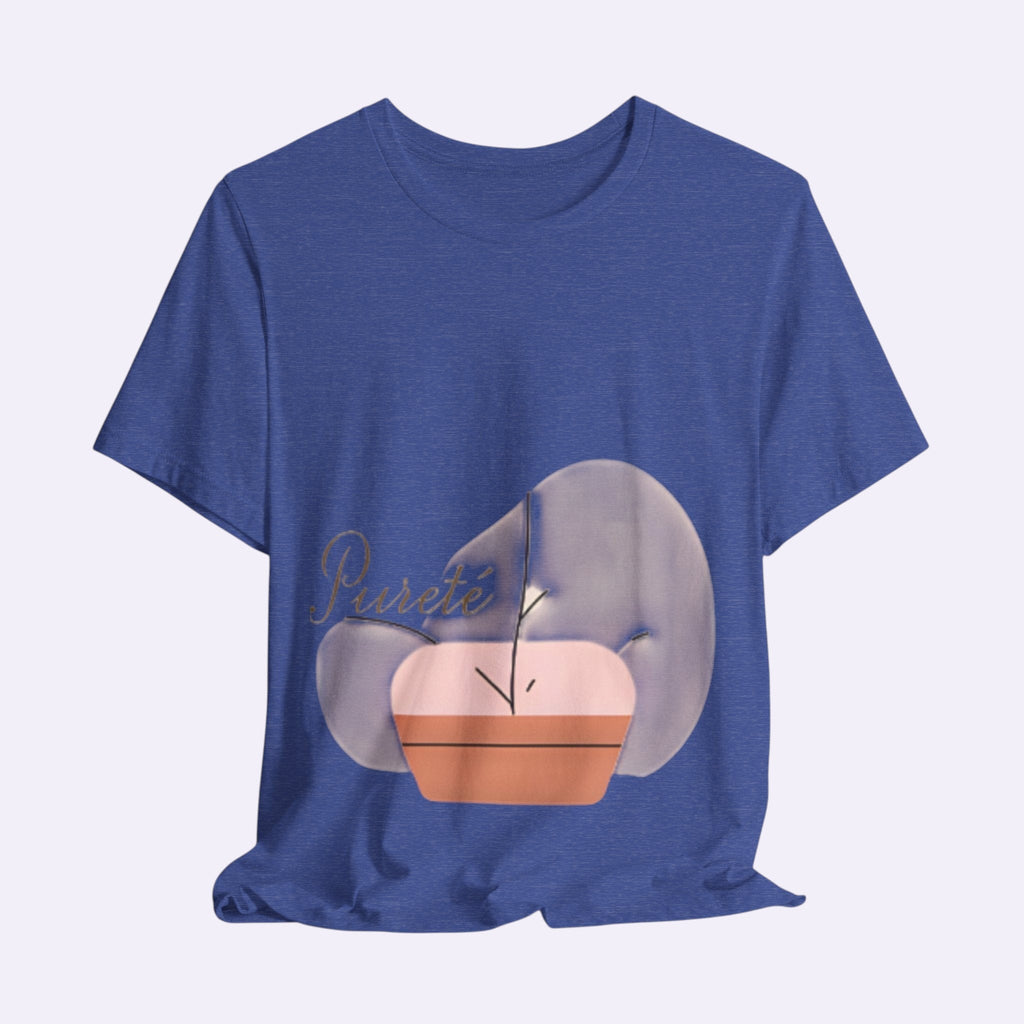 PURETE unisex blue jersey short sleeve tee with a minimalist potted plant graphic and cursive brand logo