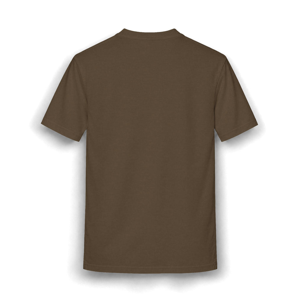 Back view of a plain brown PURETE relaxed-fit cotton blend t-shirt with a classic crew neck.