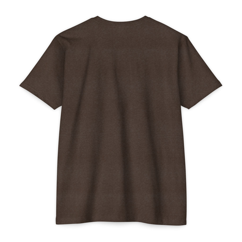 Back view of a PURETE unisex brown CVC jersey t-shirt made from a lightweight cotton-poly blend with a classic fit.