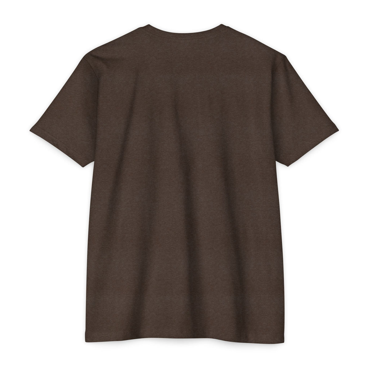 Back view of a PURETE unisex brown CVC jersey t-shirt made from a lightweight cotton-poly blend with a classic fit.
