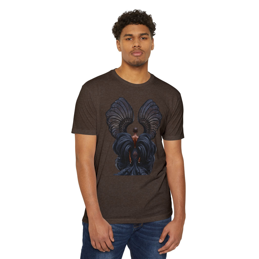 PURETE unisex brown CVC jersey t-shirt with a graphic print of dark angel wings on a man wearing blue jeans