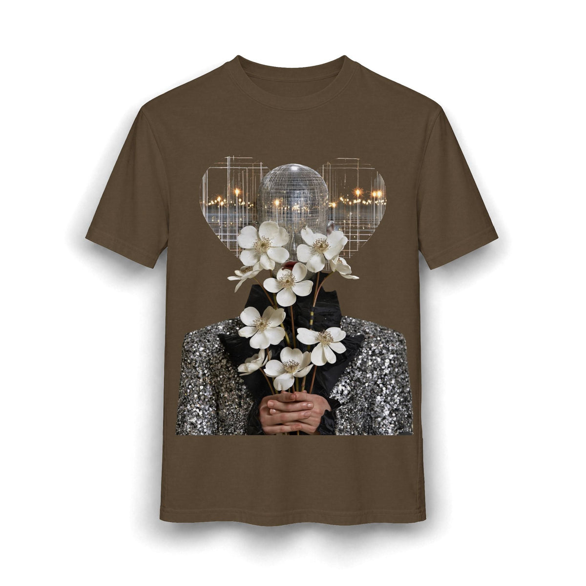 PURETE brown relaxed-fit cotton blend t-shirt featuring a graphic of a disco ball head holding white flowers.