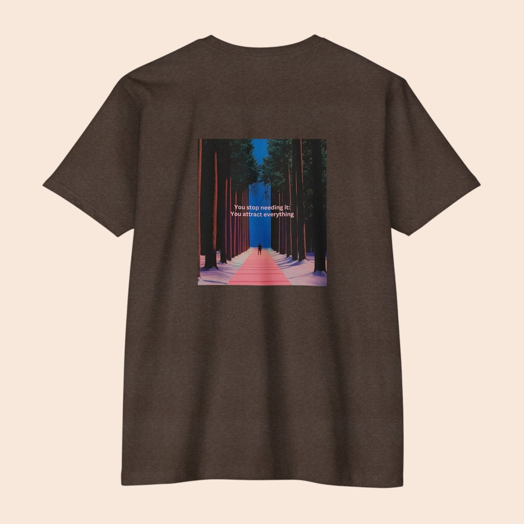 PURETE brown cotton blend t-shirt featuring a back graphic of a forest pathway with motivational text