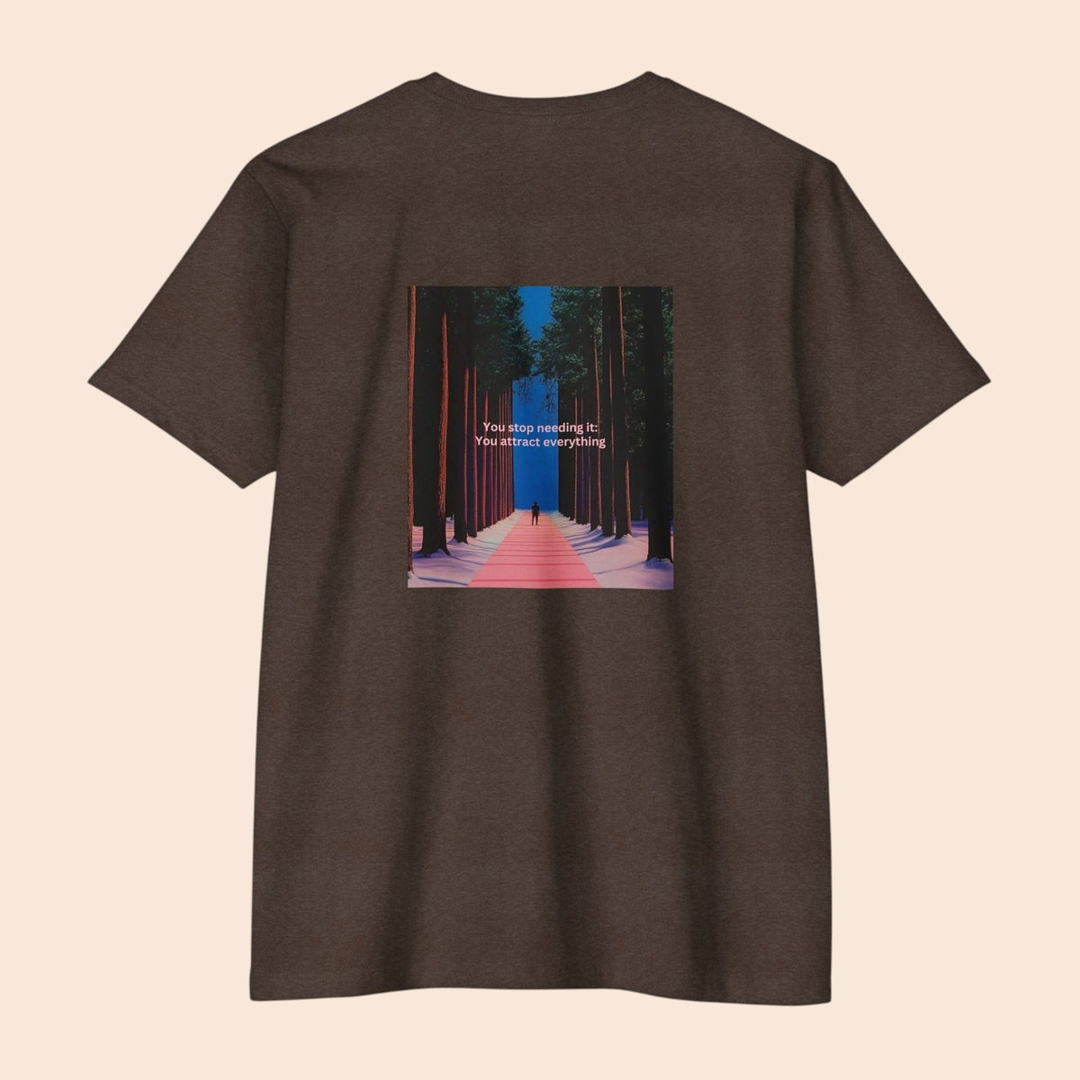 PURETE brown cotton blend t-shirt featuring a back graphic of a forest pathway with motivational text