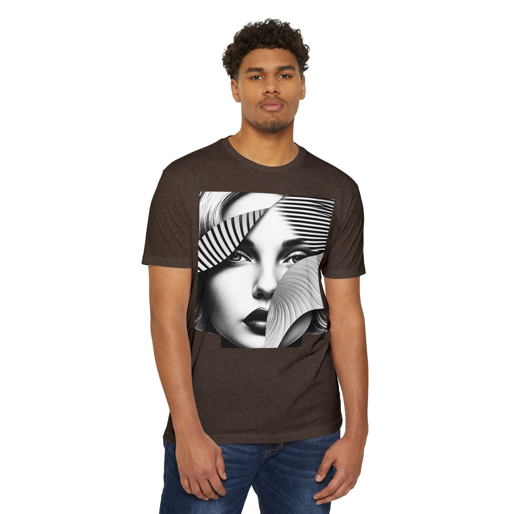 PURETE unisex brown CVC jersey t-shirt with a black and white graphic print of a woman's face on a male model