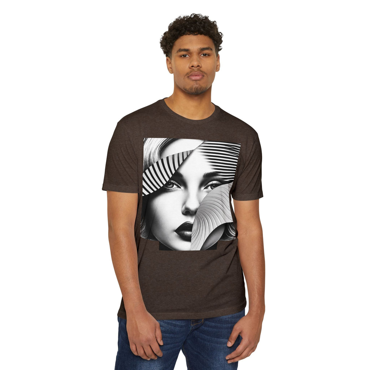 PURETE unisex brown CVC jersey t-shirt with a black and white graphic print of a woman's face on a male model