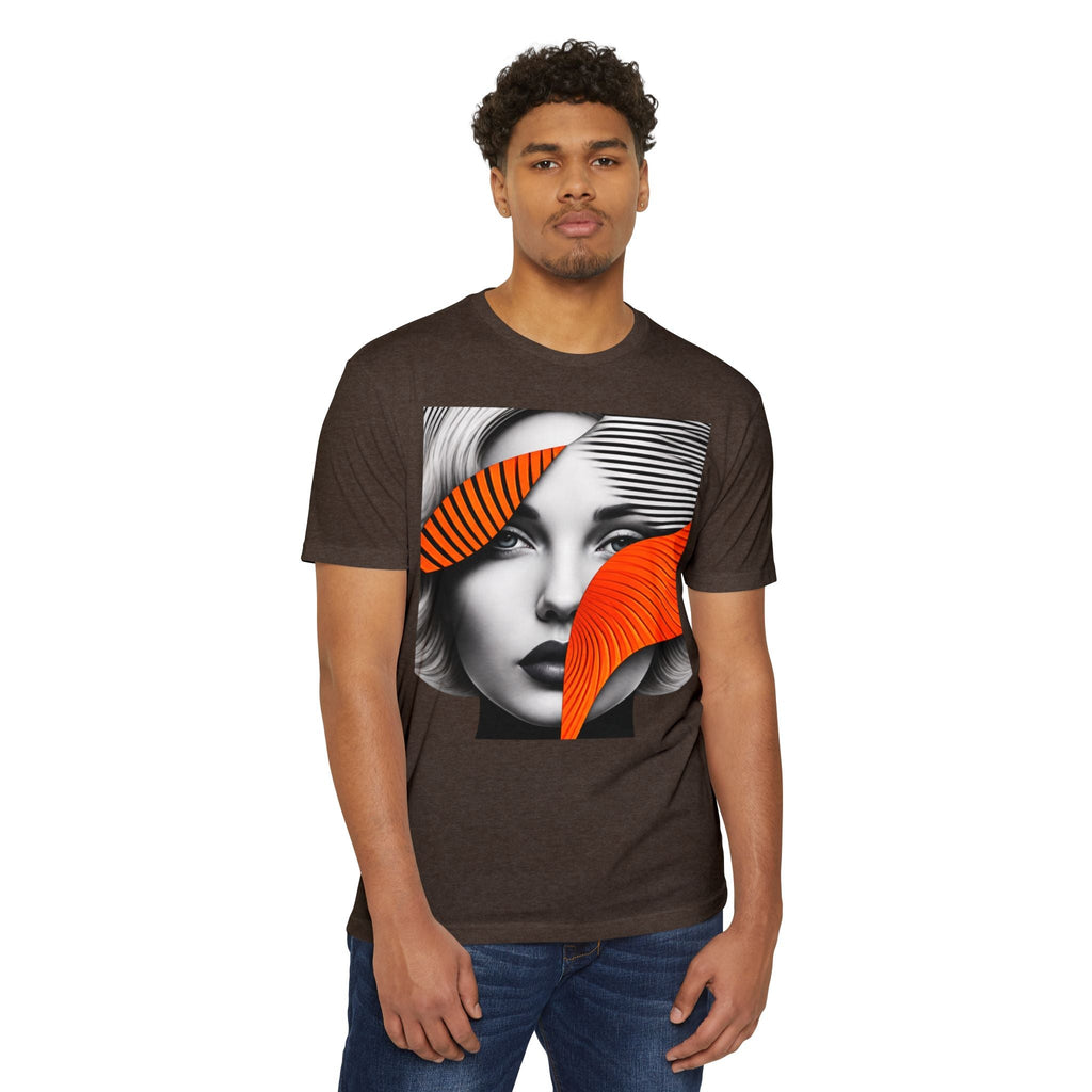 PURETE unisex brown CVC jersey t-shirt featuring a graphic print of a woman's face with orange abstract accents.