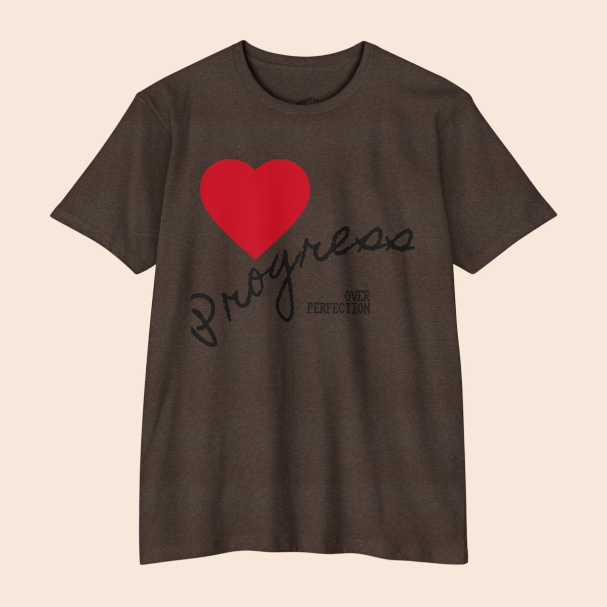PURETE brown cotton blend t-shirt featuring a red heart and hand-lettered Progress Over Perfection graphic