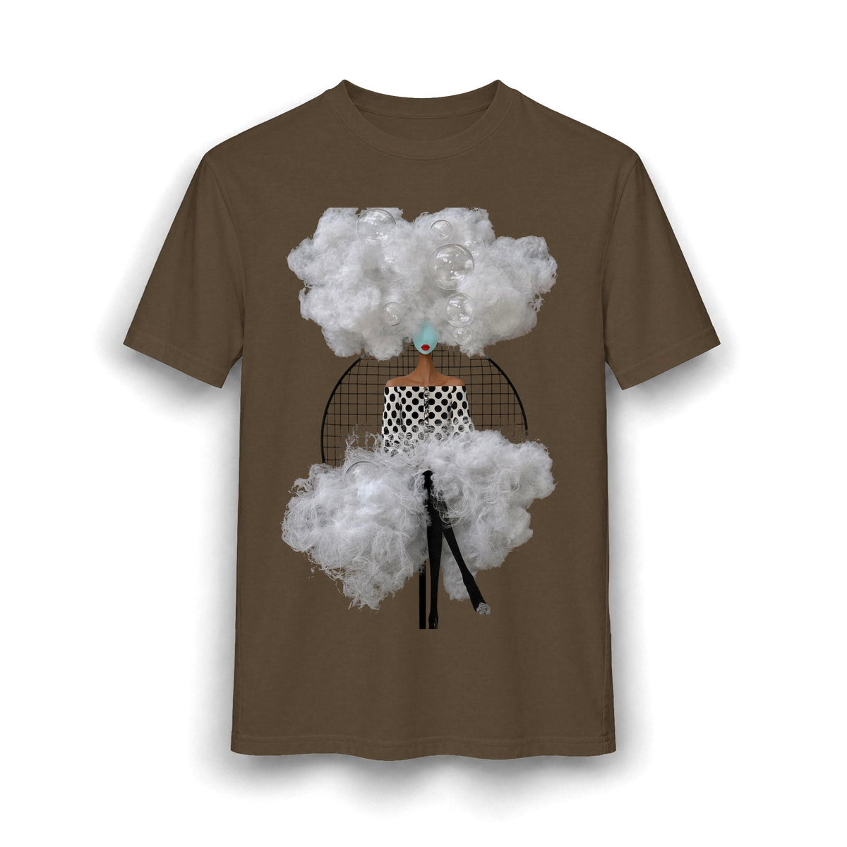 PURETE brown graphic t-shirt featuring a surreal collage of a woman with cloud hair and bubbles in a relaxed fit.