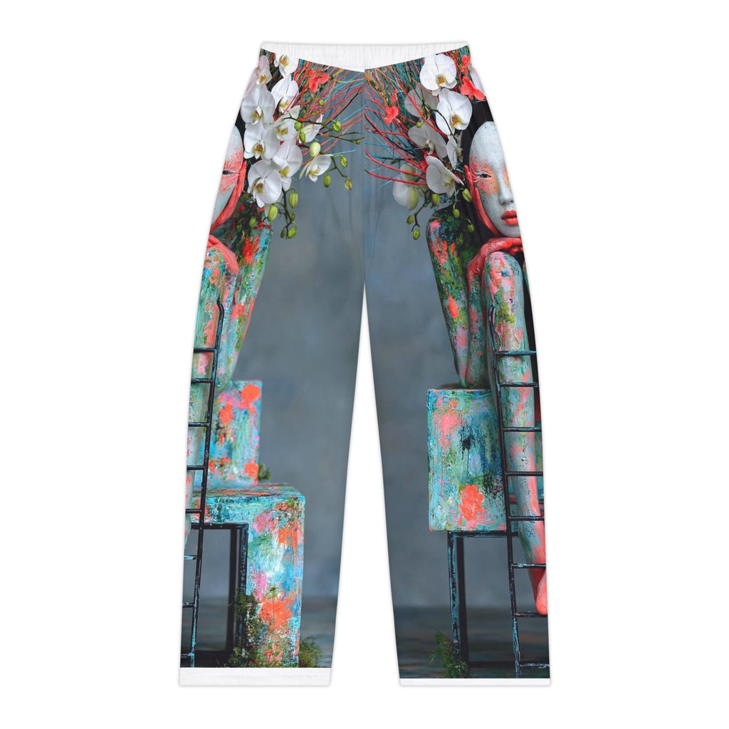 PURETE women's pajama pants in brushed polyester featuring a vibrant artistic print of a figure with white orchids.