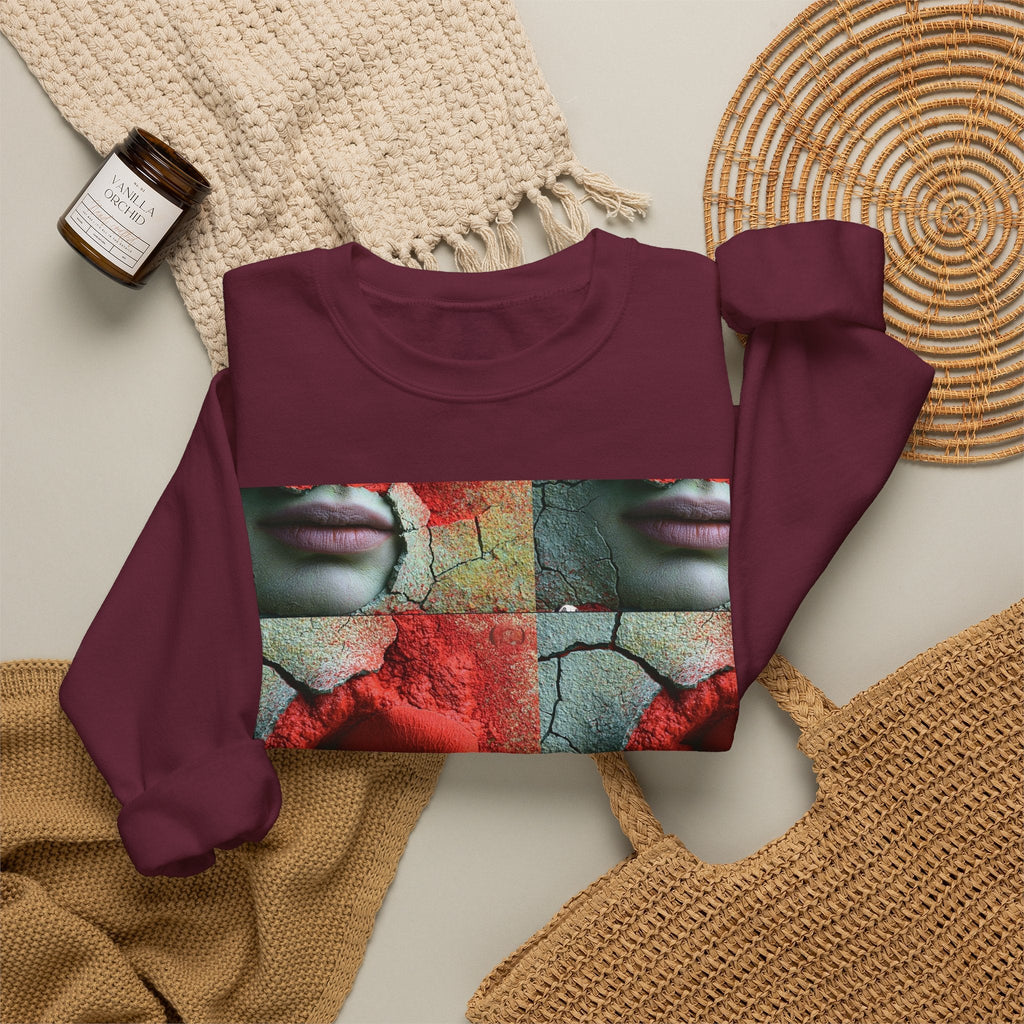 PURETE maroon crewneck sweatshirt featuring a surreal artistic grid print of a rose, cracked earth, and human lips.