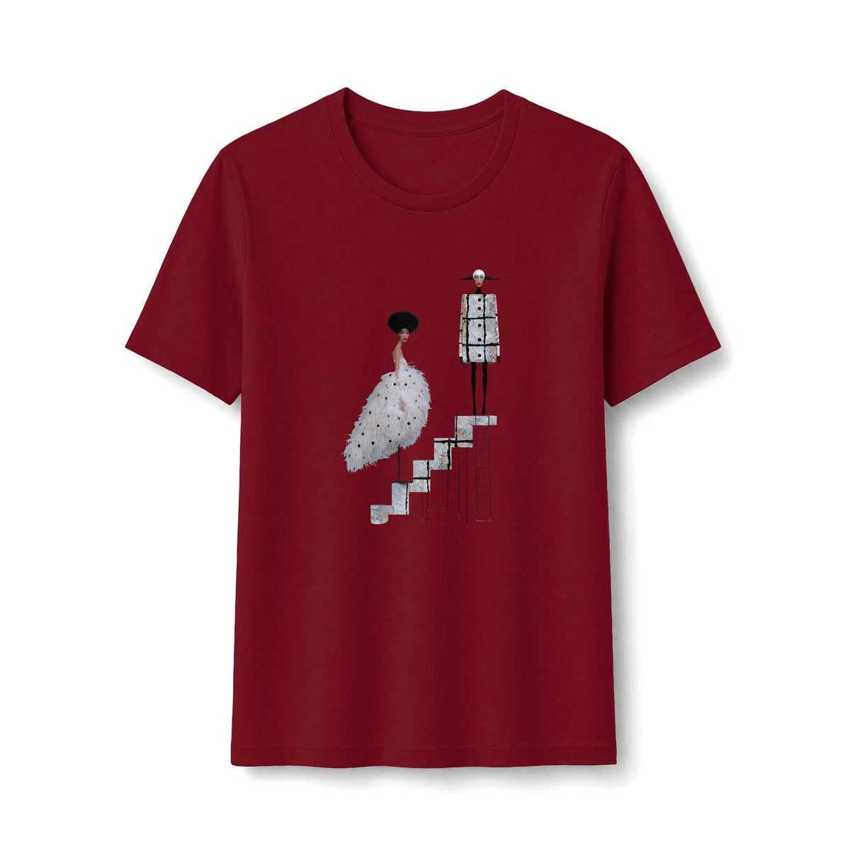 PURETE burgundy graphic tee featuring a surreal illustration of a ballet couple on stairs in a soft cotton blend