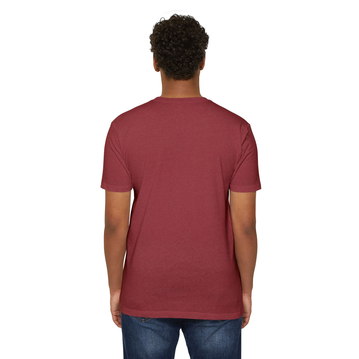 Back view of a PURETE unisex burgundy CVC jersey t-shirt on a model, featuring a classic fit and cotton-poly blend.