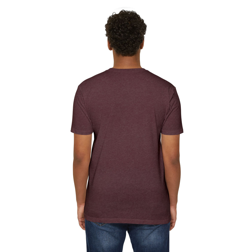 Back view of a PURETE unisex maroon CVC jersey t-shirt on a model, featuring a classic fit and cotton-poly blend.