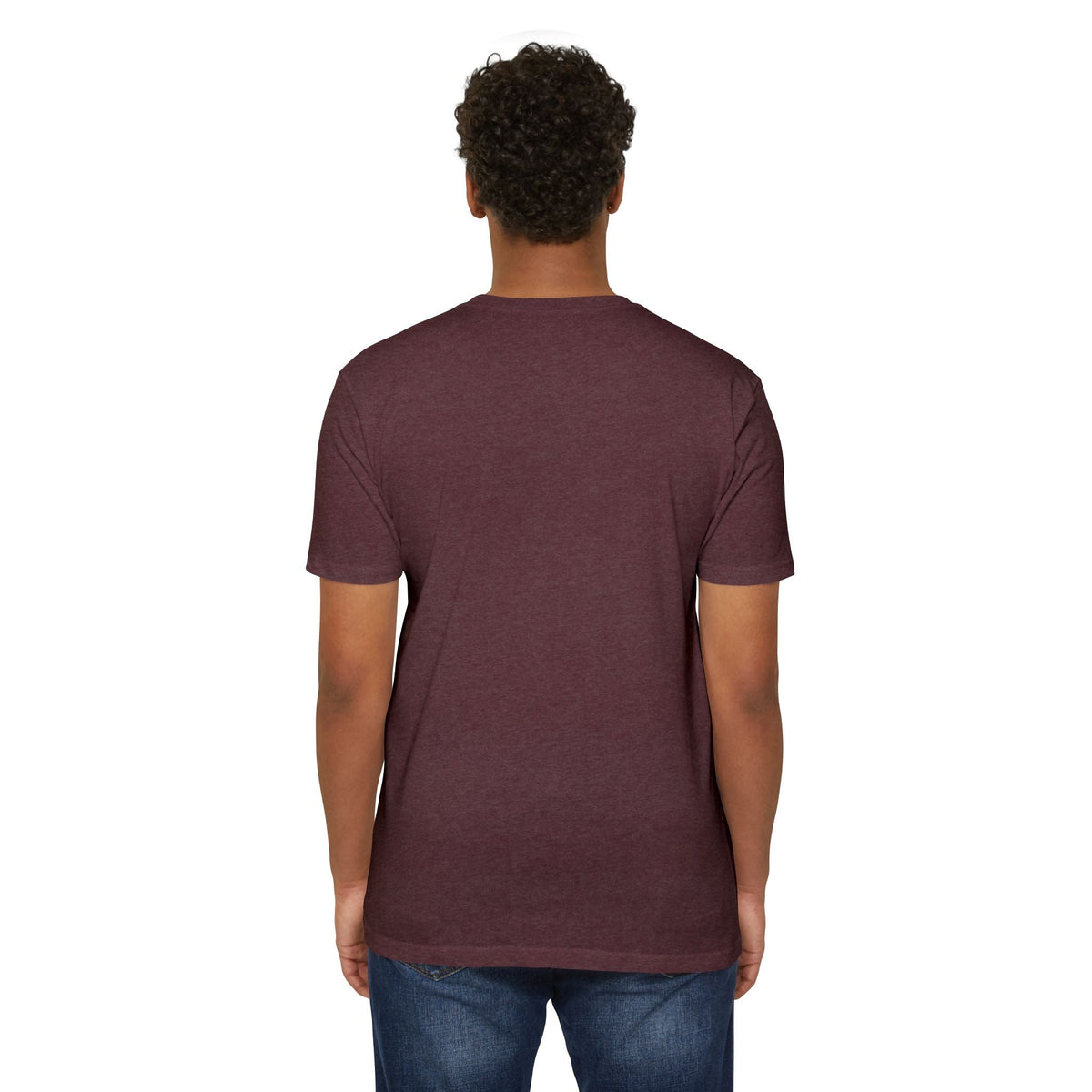 Back view of a PURETE unisex burgundy CVC jersey t-shirt on a model, featuring a classic fit and cotton-poly blend.