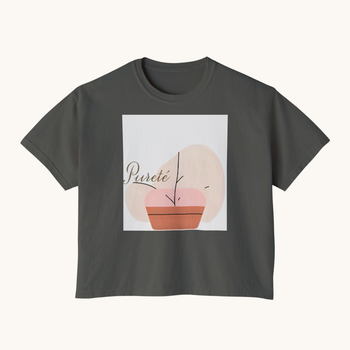 PURETE women's charcoal grey boxy t-shirt with a minimalist abstract plant graphic print on the front