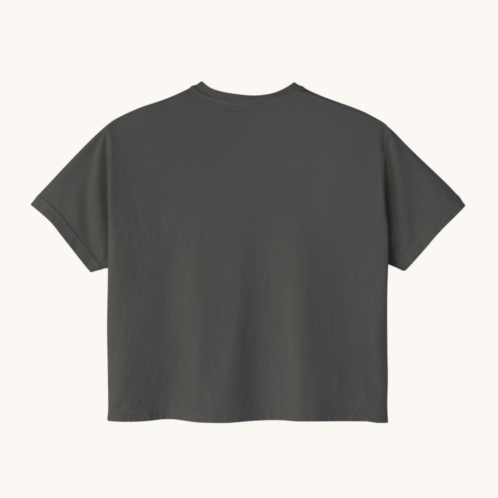 Back view of a PURETE women's charcoal grey oversized boxy t-shirt made from soft 100% ring-spun cotton.