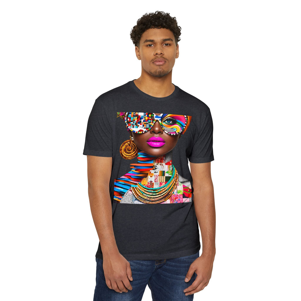 PURETE unisex charcoal grey CVC jersey t-shirt featuring a vibrant abstract graphic print of a woman with glasses.
