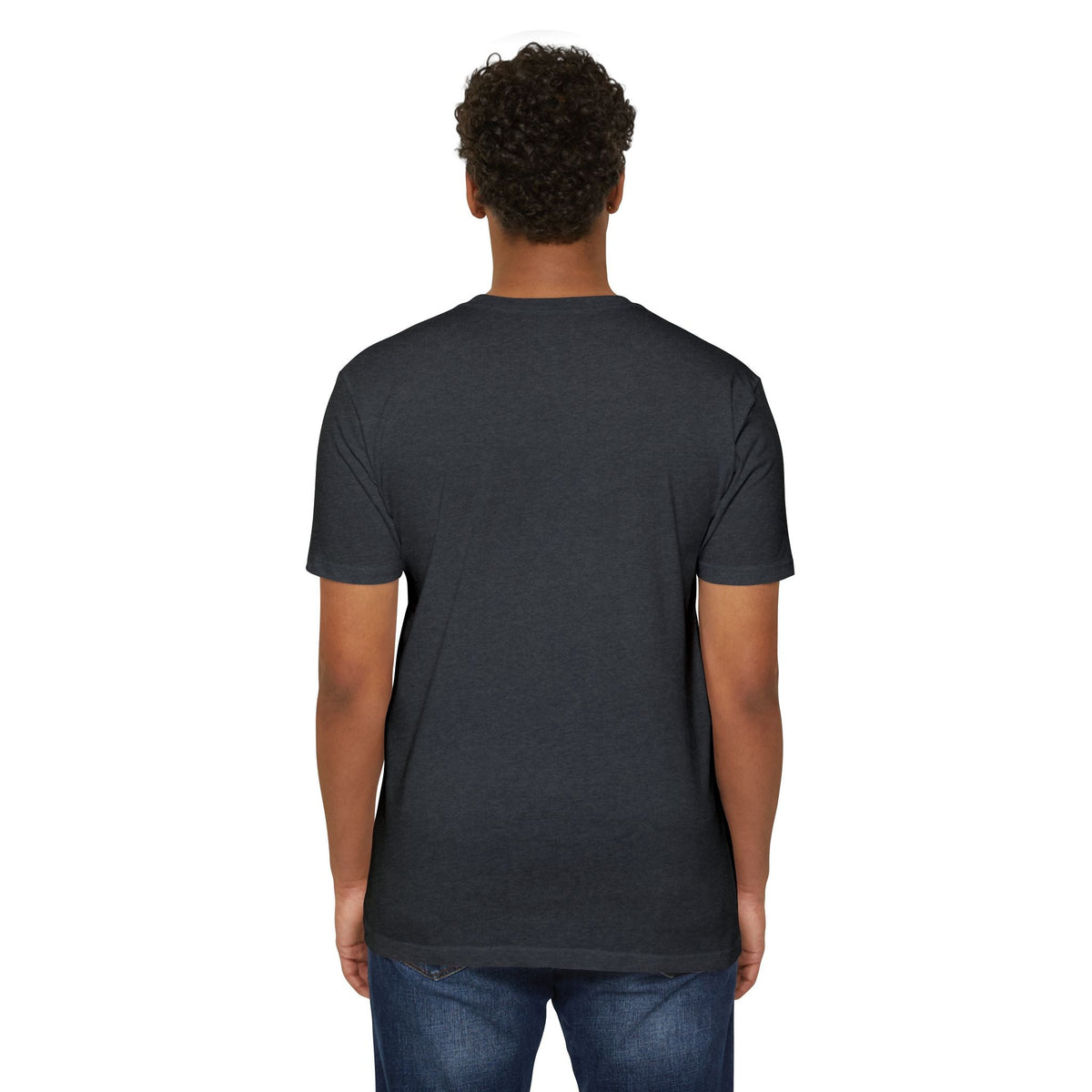 Back view of a person wearing a dark grey PURETE unisex CVC jersey t-shirt with a classic fit and short sleeves.