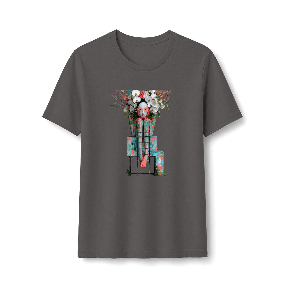 PURETE women's charcoal grey fitted graphic t-shirt featuring a detailed floral robot art illustration on the front.