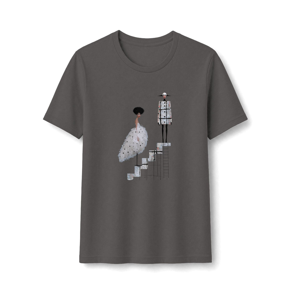 PURETE charcoal grey fitted graphic tee featuring a surreal illustration of a ballet couple on stairs.