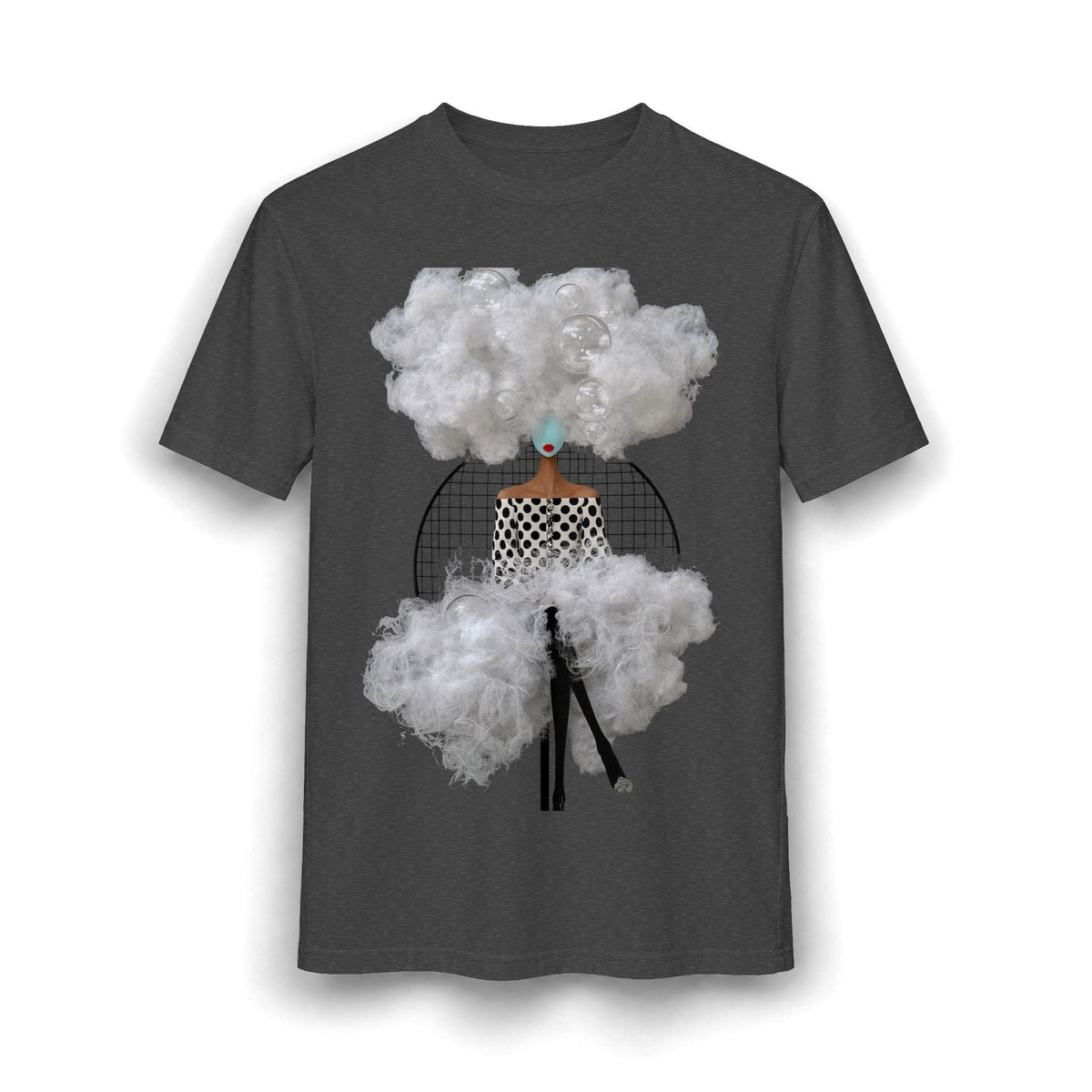 PURETE charcoal grey graphic t-shirt featuring an abstract surrealist collage of a woman surrounded by white clouds.